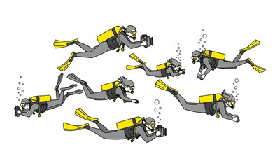 Scuba Divers Swimming with Underwater Cameras Illustration Set © progoz