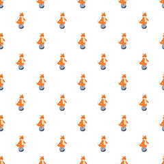 Orange fox characters balancing on single wheeled unicycles forming a playful seamless pattern © nsit0108