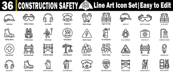 Construction safety line art icons set. Easy to edit on a transparent background, personal protective equipment, and hazard symbols. © Logo Solution