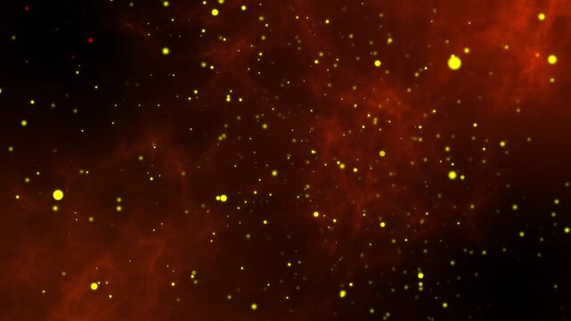 Abstract cosmic glowing starfield with golden sparkling particles, fiery red nebula clouds, cinematic space dust motion, dreamy galaxy atmosphere and smooth sci fi background animation