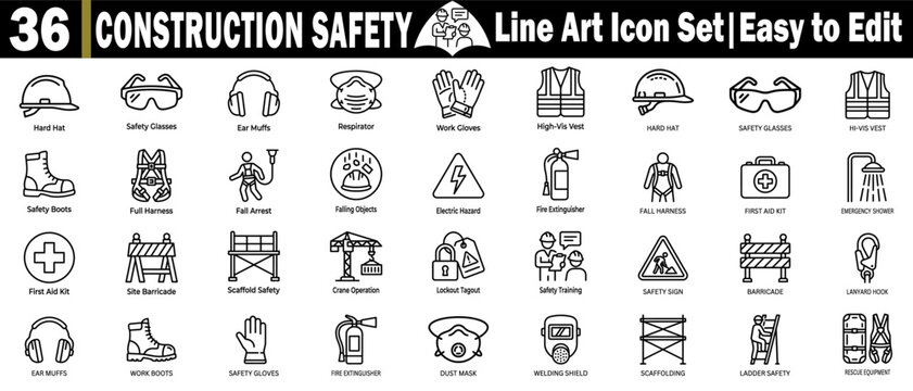 Construction safety line art icons set. Easy to edit on a transparent background, personal protective equipment, and hazard symbols.