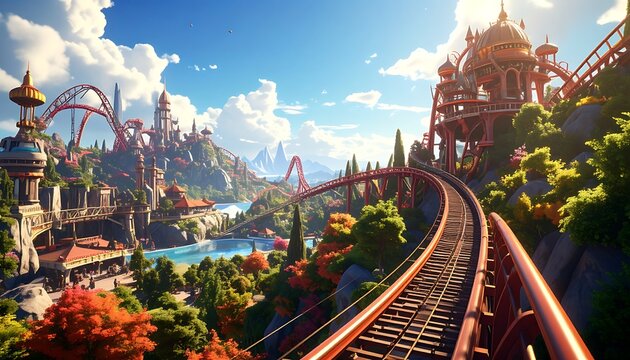 amusement park landscape with rollercoaster tracks.