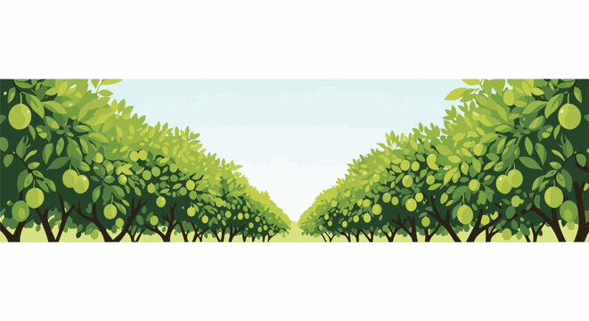 Lush green fruit trees line a path under a clear, light sky