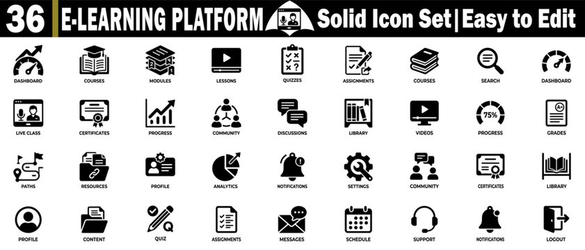 E-learning platform solid icons set. Easy to edit an online course study module, lessons, quiz, and assignment.