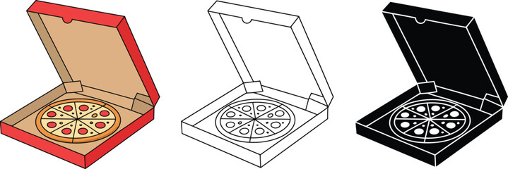 Pizza icon set, comic style sliced pizza in open delivery box for fast food restaurant takeaway and menu design concepts. © Clinton Black