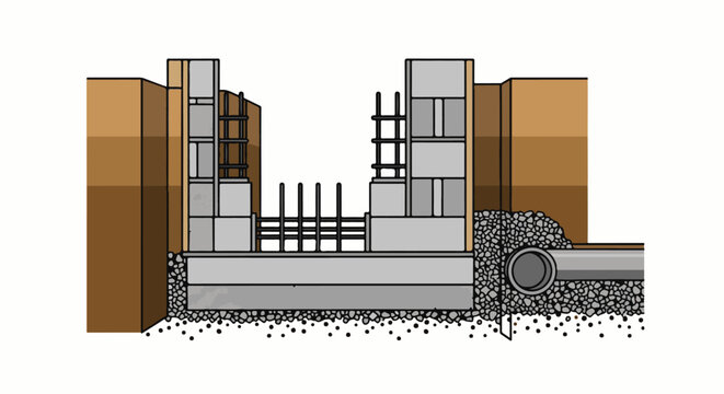 Cutaway view of concrete foundation wall with rebar, drainage pipe, and soil layers