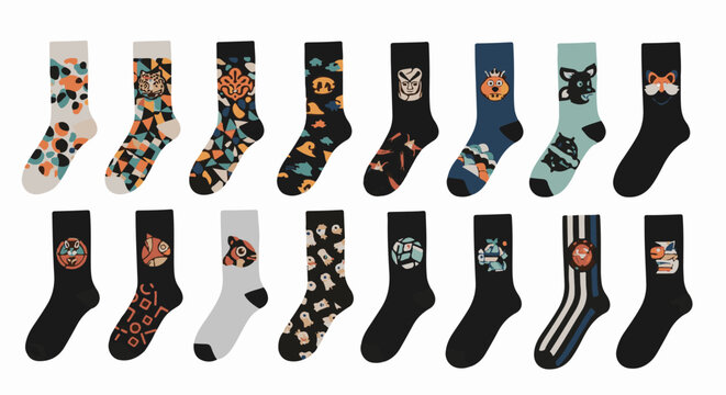 Diverse, patterned, and character socks in multiple colors and designs
