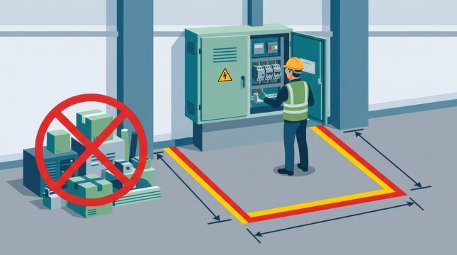 Technician is working at an electrical panel in a designated clearance zone with warning signs and scattered equipment nearby for safety measures.