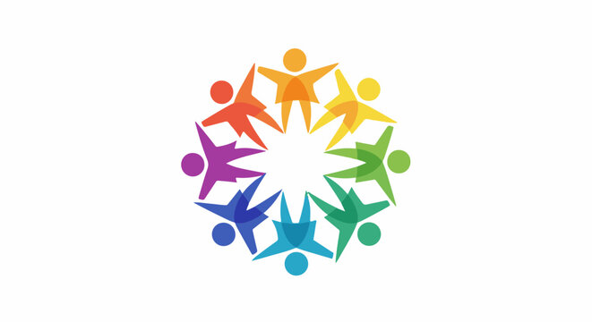 Diverse people in a colorful circular embrace, symbolizing unity and connection