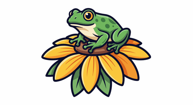 Cute green frog sitting on a bright yellow flower with green leaves