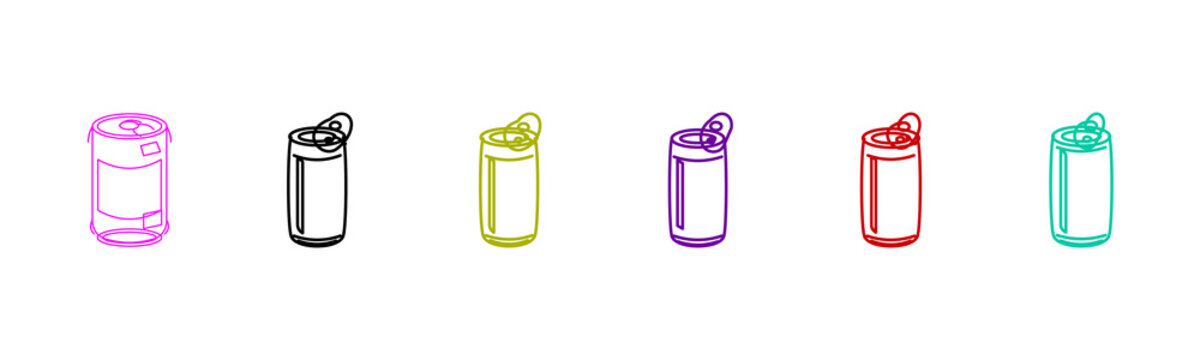 Colorful soda can outline icon set on white background