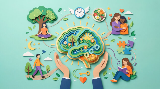 Colorful paper art showing selfcare, connection, healthy habits, and emotional wellbeing.