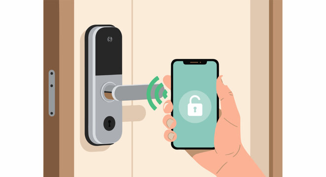 Hand holds phone near smart lock, indicating wireless access