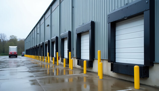 Row of loading docks at warehouse. Trucks arrive at bay doors for shipping and receiving goods. Industrial building exterior with yellow bollards on wet concrete.