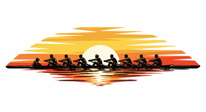 Eight rowers in silhouette navigate calm waters at sunset, oars dipping