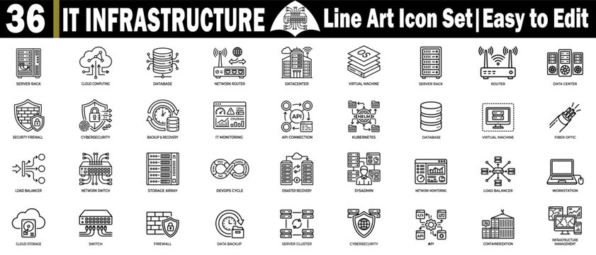It infrastructure line art icon set. Depicting cloud computing server racks, databases, networking security, and data centers.