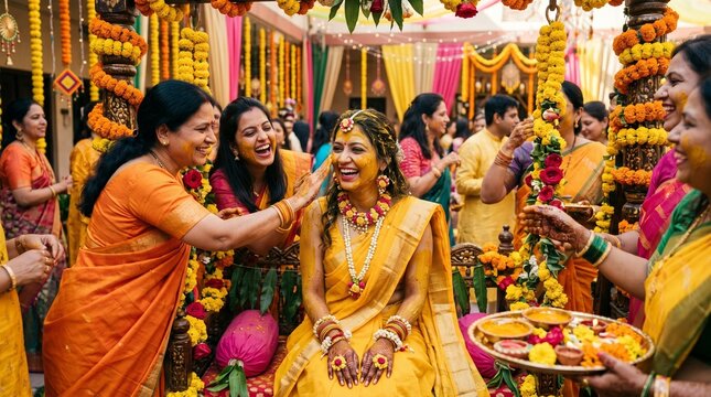 ndian Haldi Ceremony with Bride in Yellow Outfit