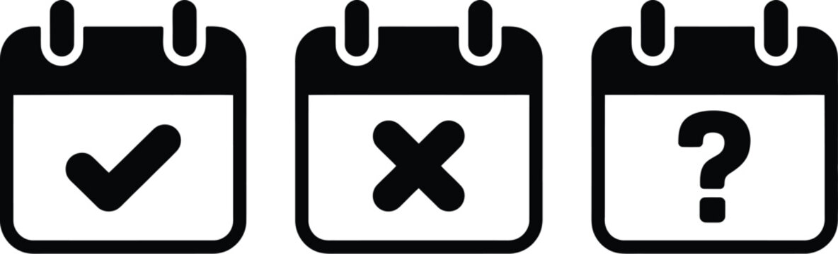 Calendar schedule icons, flat planner symbols featuring check marks cross signs and question marks for productivity and organization graphics.