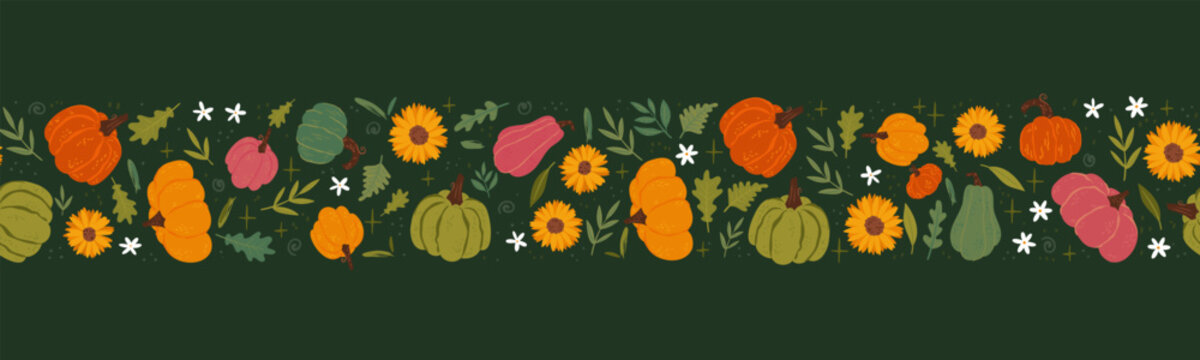 Lovely hand drawn Thanksgiving seamless pattern with pumpkins, sunflowers, autumn foliage, great for textiles, table cloth, wrapping, banners, wallpapers - vector design