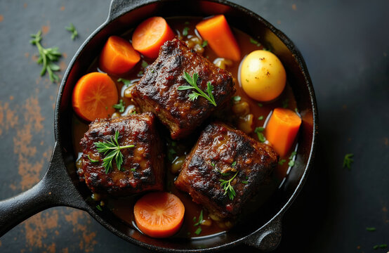 Tender braised beef oxtails with carrots and potatoes stewed in rich gravy. Hearty rustic dish cooked in cast iron pan, savory homemade comfort food.
