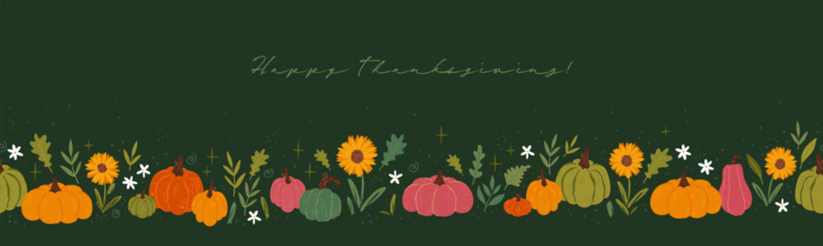Lovely hand drawn Thanksgiving seamless pattern with pumpkins, sunflowers, autumn foliage, great for textiles, table cloth, wrapping, banners, wallpapers - vector design