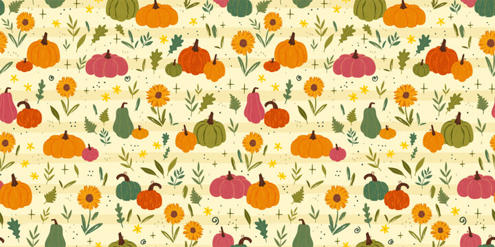 Lovely hand drawn Thanksgiving seamless pattern with pumpkins, sunflowers, autumn foliage, great for textiles, table cloth, wrapping, banners, wallpapers - vector design