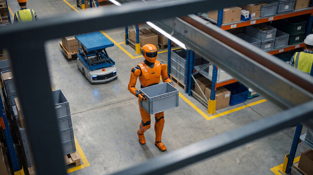 Futuristic humanoid robot carries a crate in a modern smart industrial warehouse with an AGV, 3D render.