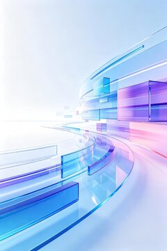 Abstract 3D composition of curved transparent glass rectangular blocks in soft blue pink and purple tones placed on clean light background for modern technology design concept
