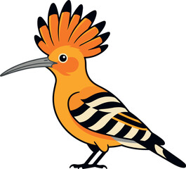 Cute cartoon Eurasian hoopoe bird vector illustration featuring a bright orange body distinctive crown crest and striped wings isolated on white background. © MstBizly