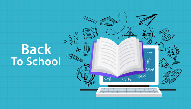 Back to school digital classroom concept with open book on laptop screen. Creative E-learning platform banner and online course template for university websites, distance education headers, or study.
