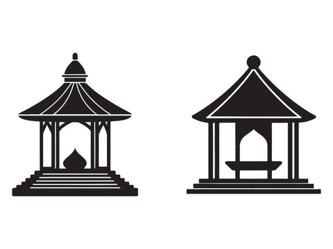 Two Asian style gazebos with pagoda roofs and pillars on a white background  traditional architecture elements