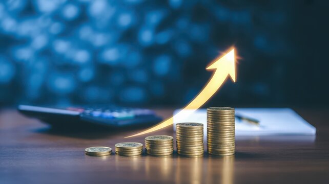 Growing stack of coins with upward arrow