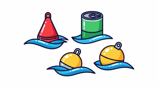 Four colorful floating objects in blue waves, two buoys and a can