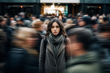 Fototapeta premium A young woman stands still in a blurred crowd of busy pedestrians