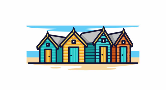 Four colorful, simple beach huts stand in a row on the sand, with blue ocean and sky behind them