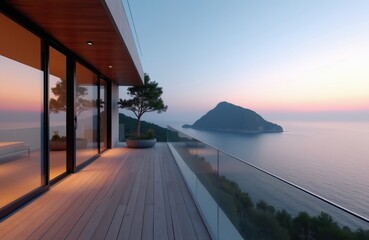 Fototapeta premium Modern balcony overlooks sea island at sunrise. Glass balustrade, wooden deck, and large windows offer ocean view. Peaceful nature landscape with calm water and soft sky colors.