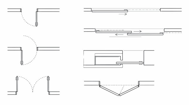Architectural floor plan symbols for doors, technical vector set of opening types, construction blueprint icons for sliding and swinging doors