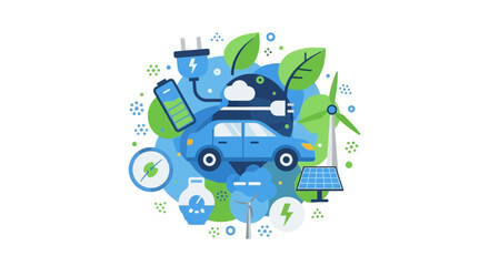 Naklejka premium Sustainable Electric Vehicle Transportation with Renewable Energy Icons: Wind Turbines, Solar Panels, and Battery Charging. Flat Vector Illustration for Green Technology.