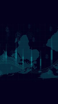 Global submarine cable network visualization connecting continents. Futuristic data infrastructure map for communications. Modern data route animation background.