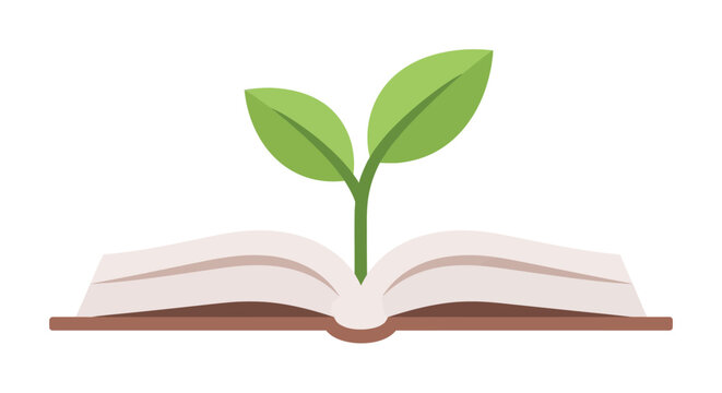 Green Plant Sprout Growing from an Open Book Vector Illustration. Conceptual Icon for Education, Knowledge, Personal Growth, and Sustainability.