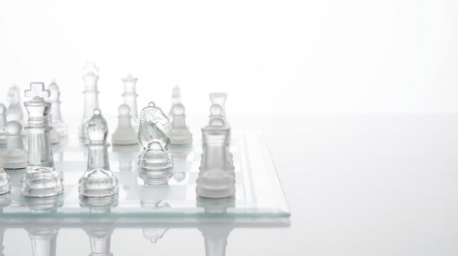 Transparent glass chess pieces set up on chessboard over white background, side view macro shot of strategy game with copy space, clean bright minimalist composition showing crystal knight king