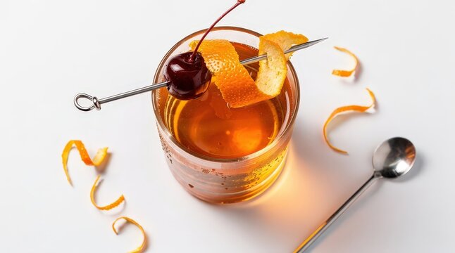 Elegant Whiskey Cocktail Garnished with Orange Peel and Cherry on Skewer in Minimalist Setting, Soft Overhead Lighting, Silver Spoon Nearby, Warm Amber Tones, Capturing Sophisticated Indulgence