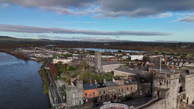 Aerial View of King John&rsquo;s Castle and Stone Bridge Over the River Shannon	