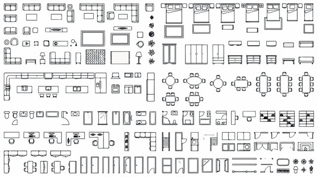 Architectural floor plan furniture symbols, top view interior design vector set, professional CAD blocks for house planning and room layout
