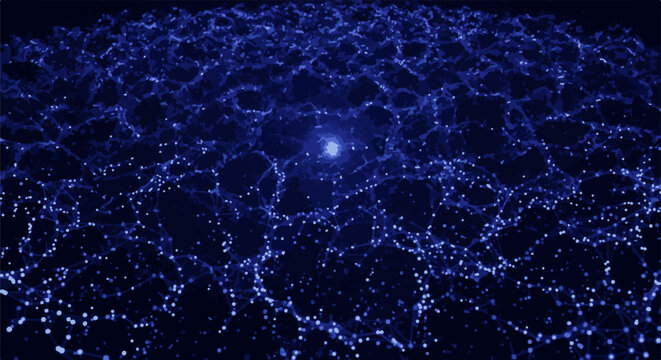 Glowing blue network of interconnected points and lines against a dark background