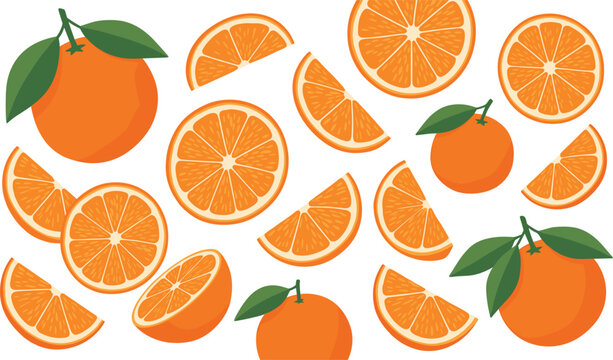 Fresh orange fruit vector illustration collection set featuring whole oranges with green leaves round slices halves and wedges isolated on white background.