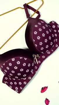 Elegant maroon floral patterned bra hanging on a golden wire hanger with delicate red flower petals scattered on a light blue-green background lingerie pattern gold white fashion