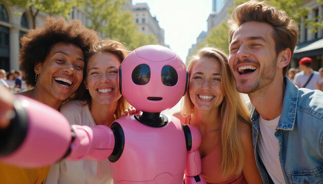 Diverse friends taking a selfie with a pink robot outdoors. People smile, laugh, enjoy city street, modern tech companionship. Future friendships, ai integration. Happy people, joy, together.