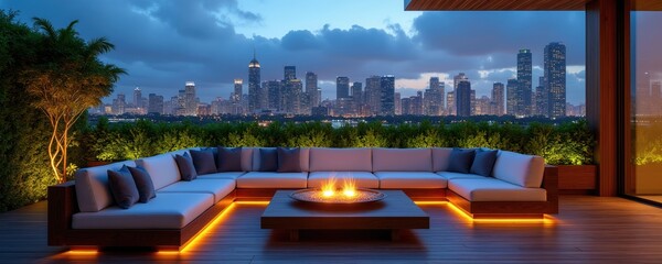 Fototapeta premium Luxury terrace with sectional sofa, fire pit offers stunning city skyline view at night. Modern outdoor living space with ambient lighting, rich plants creates relaxing atmosphere for city dwellers.