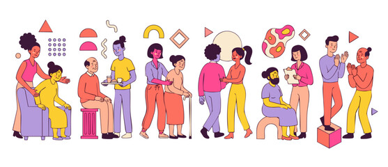 Fototapeta premium Elderly care nursing home vector illustration showing diverse caregivers assisting senior patients with daily activities, medical checkups, rehab, and physical therapy in a supportive community.